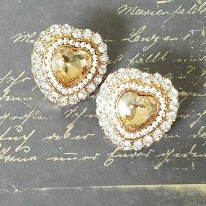 Gold and white crystal and bead heart earrings
